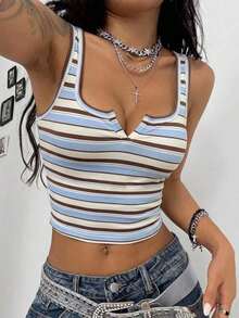 de ropa casual y minimalista para deportes, uso diario, fiestas y aeropuerto, con rayas grises y amarillas, atuendo ideal para festivales de música, outfit de verano para mujer, top de tirantes para mujer - Multicolor 2 - Ver 3