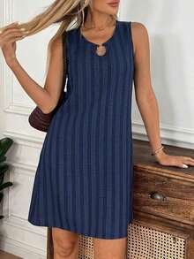 Vestido de verano casual con estampado tropical para vacaciones de mujer - Azul - Ver 6