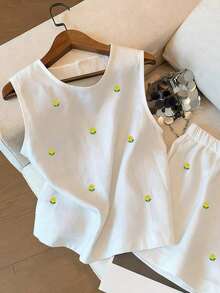 Conjunto de top de tirantes y shorts con bordado floral diminuto - Blanco - Ver 4
