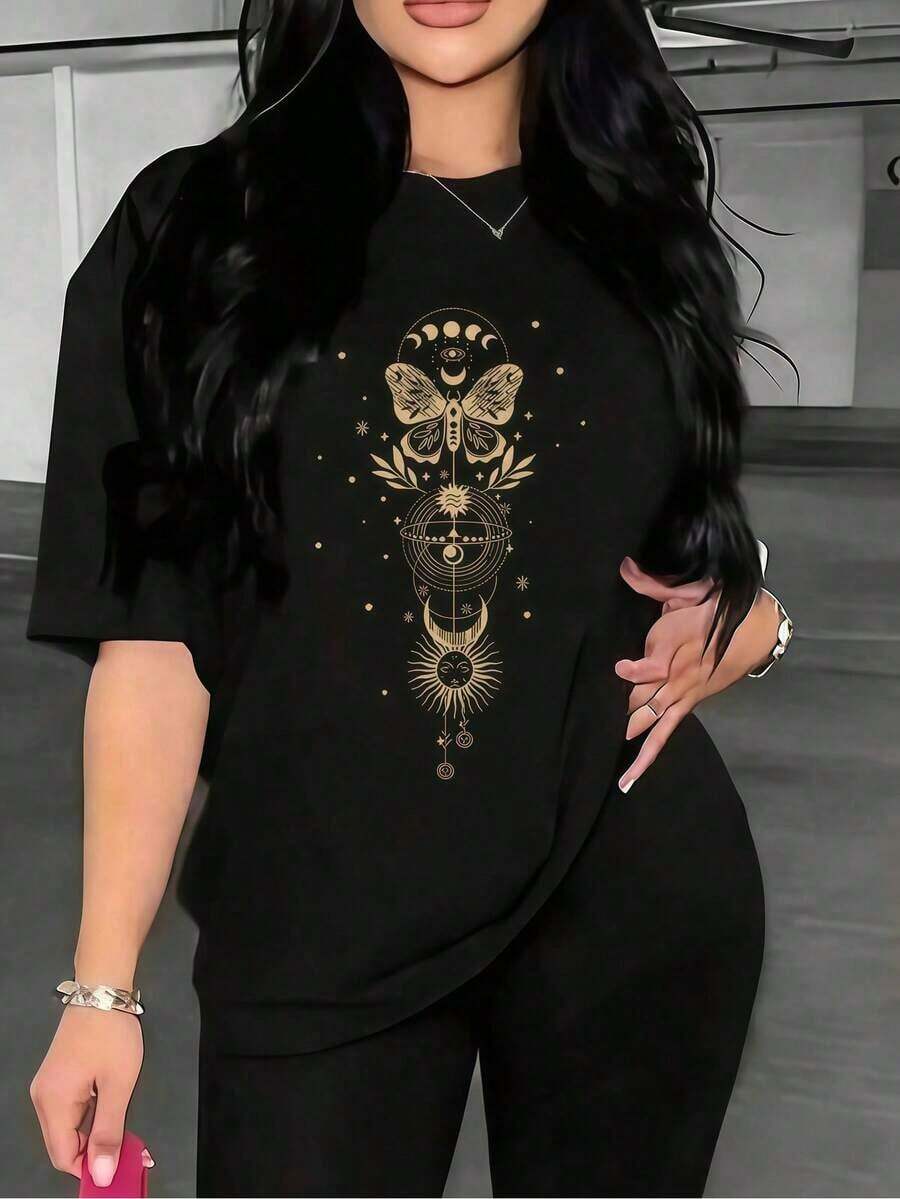 1 pieza de ropa para mujer: camiseta negra con estampado de mariposa celestial, camisas, top blanco, camisetas gráficas para mujer, camiseta unisex casual de cuello redondo, tejido ligero de 220 g/m², lavable a máquina, para primavera/verano/otoño, Halloween, Navidad, Día de San Valentín. - Negro - Ver 1