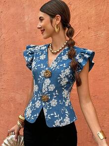 Flora Isola Cárdigan elegante de mujer con cuello en V y decoración de hebilla metálica, cintura ajustada y mangas con volantes, blusa refinada para damas - Azul 2 - Ver 6