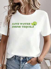 100% algodón. Ahorra agua, bebe tequila – Camiseta divertida con gráfico de margarita y lima. Camisetas gráficas para mujer, tops de verano, camiseta de cuello redondo 100% algodón. Ropa de mujer, conjuntos para mujer, ropa de otoño para mujer, tops para mujer, camiseta blanca. - Blanco - Ver 1