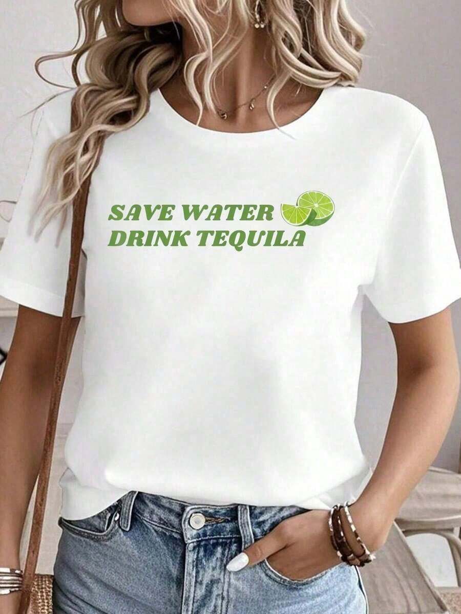 100% algodón. Ahorra agua, bebe tequila – Camiseta divertida con gráfico de margarita y lima. Camisetas gráficas para mujer, tops de verano, camiseta de cuello redondo 100% algodón. Ropa de mujer, conjuntos para mujer, ropa de otoño para mujer, tops para mujer, camiseta blanca. - Blanco - Ver 1