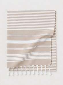 Striped Cotton Ultra Soft Beach Towel With Tassels - Quick Dry Turkish Beach Towel, 90x170 Cm - Beige - View 1