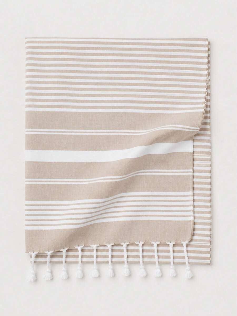 Striped Cotton Ultra Soft Beach Towel With Tassels - Quick Dry Turkish Beach Towel, 90x170 Cm - Beige - View 1
