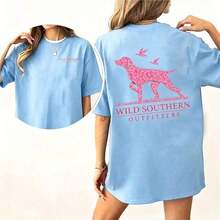 [100% Cotton] Pink Camouflage Print Dog Hunting Shirt, Wild Southern T-Shirt, Simply Printed Graphic Tee, New Comfortable Retro Cotton T-Shirt-L91 - Sky Blue - 查看 7