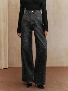Jeans de pierna ancha de aspecto desgastado y brillante de estilo casual - Negro - Ver 7