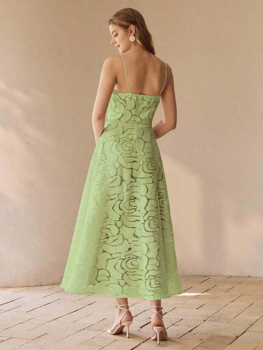 Vestido Elegante Premium Francés Sin Tirantes con Estampado Floral de Rosas y Corte en A para Damas - Verde - Ver 1