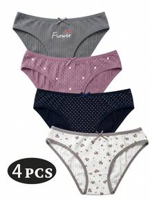 4-Pack Women's Panties - 2026 New Spring/Summer Collection: Lightweight, Breathable Briefs. Mid-Rise Women's Underwear Featuring Polka Dot And Stripe Prints; Offers A "Naked-Feel" Comfort And Healthy Wear. - 彩色 - 查看 7