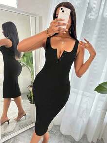 Vestido largo de punto ajustado con medio botón y acanalado, color burdeos, atuendo de mujer - Negro - Ver 3