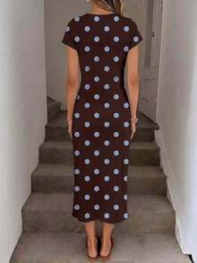 Vestido midi sin mangas con estampado de lunares marrones y azules, cintura elegante con detalle retorcido y abertura alta, vestido ajustado de punto casual para mujer, atuendo de cumpleaños para mujer, conjunto deportivo para mujer, vestido para invitadas de boda, ropa de oficina para mujer, vestidos de verano para mujer. - Multicolor 5 - Ver 8