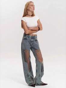 Pantalones vaqueros rectos holgados con diseño calado y combinado estilo chica atrevida - azul grisáceo - Ver 3