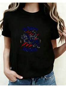 Limited Edition T-Shirt With Dark Retro Punk Style Print, Casual Short Sleeve T-Shirt, Fashionable Women's Spring And Summer Top 2701, All-Season Printed Round Neck Top, Lightweight Cotton. - 黑色 - 查看 12