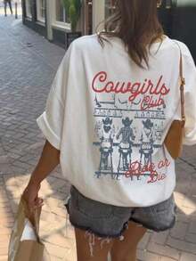 Limited Edition: Women's Casual T-Shirt With Cowgirls Club Print, Short Sleeve, Round Neck, Drop Shoulders, Regular Length, Medium Stretch Knit Fabric, Lightweight Cotton - 白色的 - 查看 4
