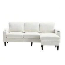 Elegant Sofa With Ottoman And Storage Space: 4 Seats With Comfortable Armrests, Cup Holders, Side Pockets And Sturdy Plastic Legs, Upholstered In Velvet For Added Comfort And A Soft Feel. - Beige - View 1