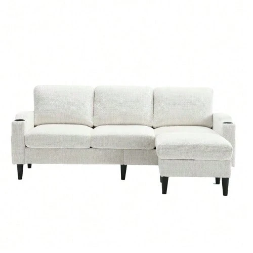 Elegant Sofa With Ottoman And Storage Space: 4 Seats With Comfortable Armrests, Cup Holders, Side Pockets And Sturdy Plastic Legs, Upholstered In Velvet For Added Comfort And A Soft Feel. - Beige - View 1