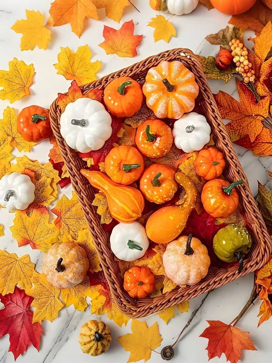 50pcs Artificial Harvest Pumpkin Set, Thanksgiving Autumn Home Decor, Includes Faux Pumpkins, Gourds, Acorns And Maple Leaves, Suitable For Harvest Thanksgiving Decoration, Autumn Home Farmhouse Style Decor, Autumn Wedding Table Centerpiece Decoration