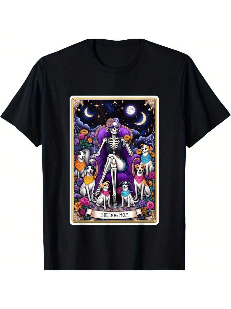 [Entrega Rápida] Camiseta de Tarot con Calavera de Mamá de Perro para el Día de la Madre, unisex, regalo para Navidad, Halloween, Acción de Gracias, tela suave de género neutro, cómoda camiseta negra de manga corta, camiseta de moda imprescindible para el otoño. - Negro - Ver 1