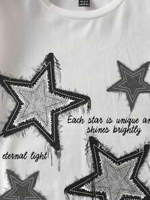 Camiseta de mezclilla holgada informal para mujer con estampado de estrellas, transpirable y cómoda, de manga corta y cuello redondo, con estampado de parches de estrellas azules desgastadas, de algodón suave, perfecta para uso diario y estilo urbano Y2K. - Blanco 2 - Ver 5