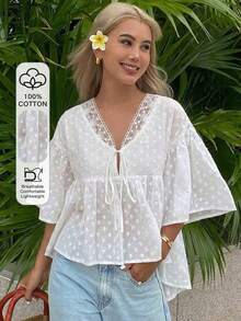 Blusa holgada de unicolor con mangas acampanadas, top de verano para mujeres - Blanco - Ver 1