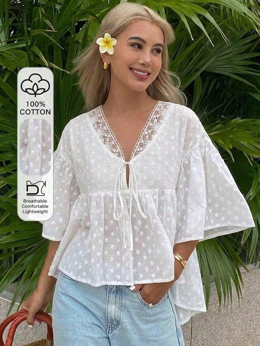 Blusa holgada de unicolor con mangas acampanadas, top de verano para mujeres - Blanco - Ver 1