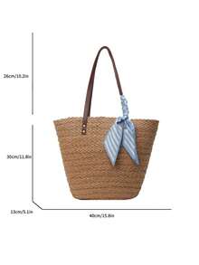 1pc High-Quality Woven Texture Straw Bucket Tote Bag, Suitable For Daily Use, Dates, Shopping, Fashionable Vacation Style - Khaki - View 3
