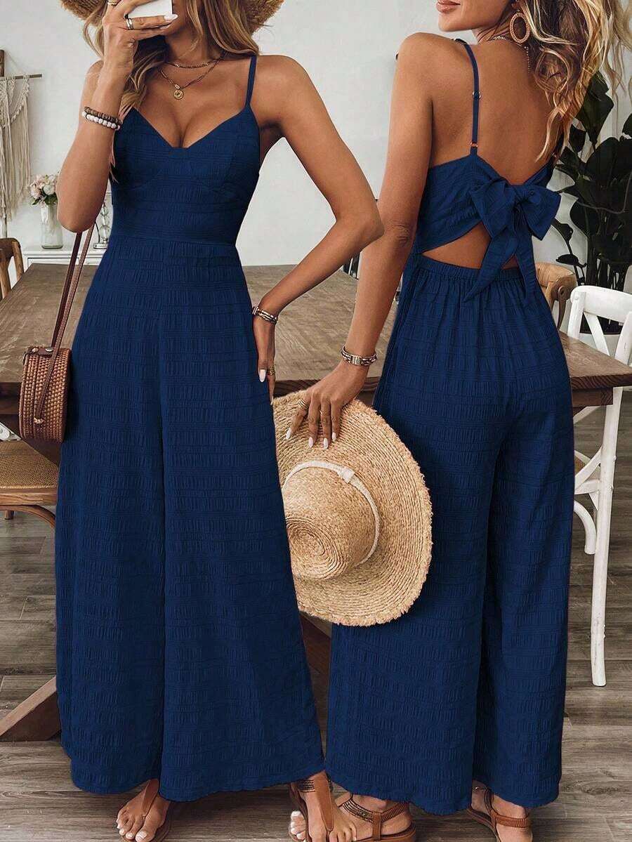 Mono sin mangas de cuello en V color rosa fucsia para mujer, estilo de vacaciones, primavera/verano - Azul marino - Ver 1