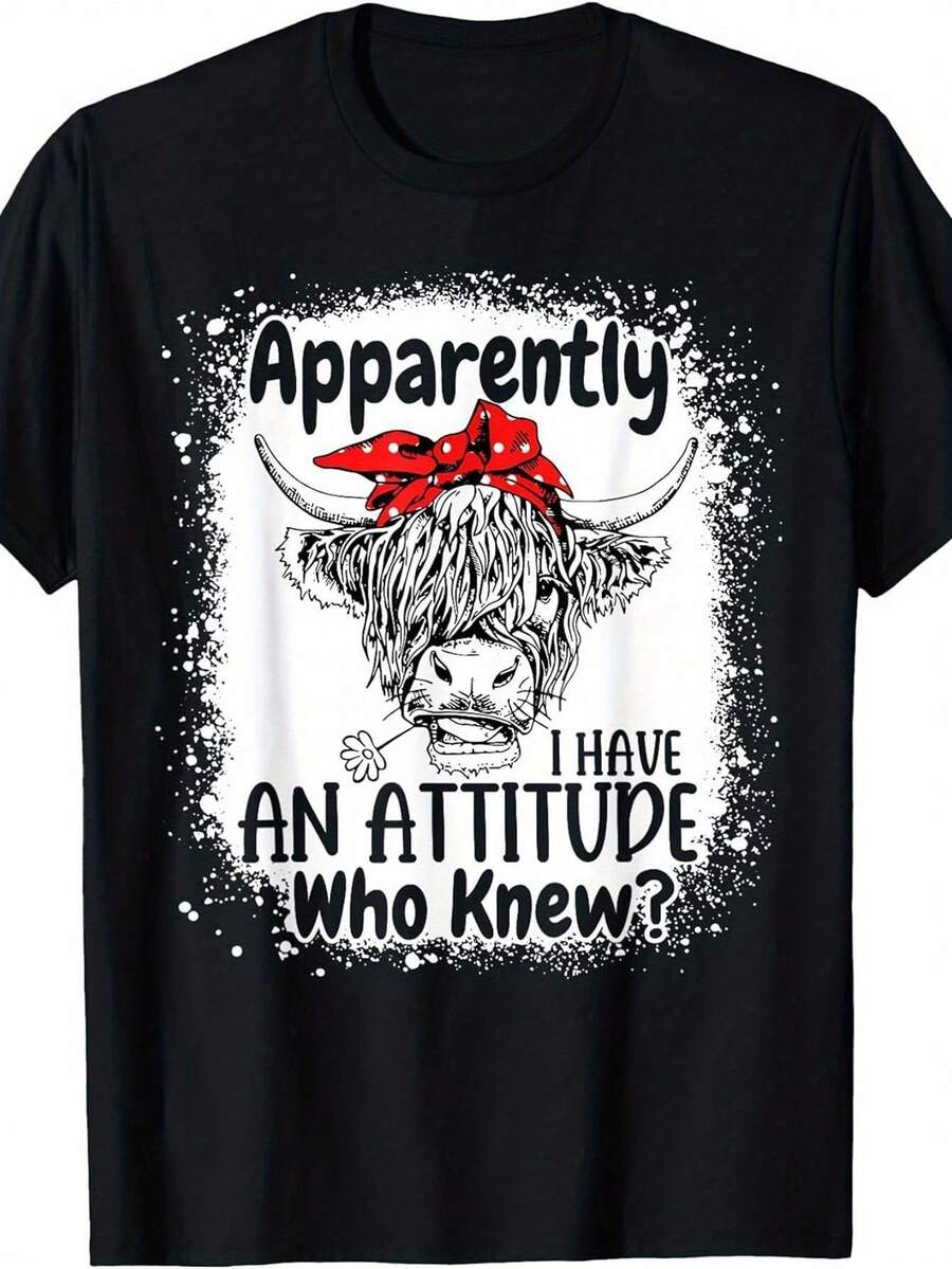 Women's Black T-Shirt With Highland Cow Graphic Print And Funny Slogan, Round Neck, Short Sleeve, Retro Style, Casual, For Everyday Wear, Summer Streetwear, Birthday Gift. - 黑色 - 查看 1