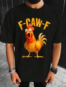 Chicken Pattern Print With "F-CAW-F" Text, Fun And Humorous Design Suitable For Daily Wear, Parties And Entertainment, Breathable And Machine Washable, Rooster And Eggshell Logo Design, Casual Short Sleeve T-Shirt (Black) - Funny Gift - 黑色 - 查看 8