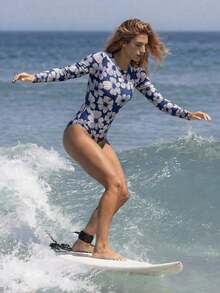Traje de baño de una pieza con estampado floral y manga larga para mujer, ideal para la playa y vacaciones casuales - Azul y blanco - Ver 7