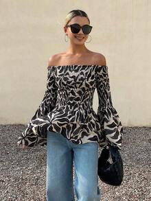 Blusa con volantes y parches en los hombros, mangas acampanadas, para uso casual, de vacaciones, fiestas de boda, y elegante para la oficina de manga larga para mujeres - Negro - Ver 4