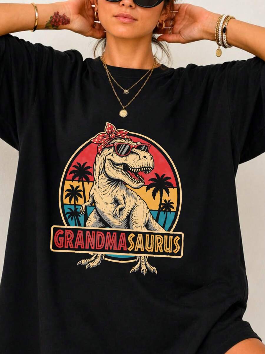 1 Piece Unisex Loose-Fitting Short-Sleeved T-Shirt, Crew Neck, 180g, 100% Pure Cotton, With A Retro Family Dinosaur Print (Grandpasaurus/Grandmasaurus/Sistersaurus) With Sunset And Palm Trees. Y2K Bababask Style, Y-Inspired, Ideal For Summer, Everyday Wear, Festivals, Beach Outfits, Suitable For Plus Sizes And All Year Round. - 黑色4 - 查看 1