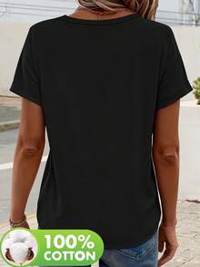 100% Pure Cotton Short-Sleeved T-Shirt With Letter Prints, Classic Cut For Women's Clothing. It's A Basic Casual Crew Neck T-Shirt For Spring And Summer That Is Machine Washable. It's Loose And Casual, Suitable For Wearing At Home Or To Parties. - 黑色 - 查看 2