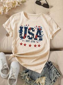 Women's American Patriotic T-Shirt 2026 Vintage 1776 Design - Casual Red Short Sleeve Crew Neck Top, Stars And Stripes Design, All Season Comfort, Machine Washable, American Flag T-Shirt. - 杏色 - 查看 7