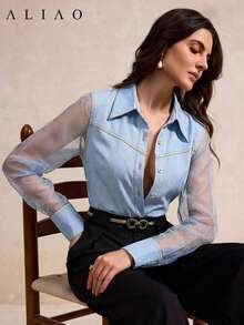Camisa de mujer ALIAO moderna, elegante, sofisticada y versátil para el trabajo y el día a día. Textura de efecto de mezclilla con parches de malla de alta calidad, transpirable y de doble botonadura, adecuada para todas las estaciones. - Lavado ligero - Ver 2