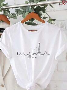 Camiseta Casual de Manga Corta para Mujer, Mezcla de Algodón, con Estampado de Coche 'Chasing The Horizon', Cuello Redondo, Largo Regular - Estilo_bm - Ver 1