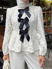 Blusa elegante y casual de mujer con decoración de lazo, para primavera y verano - Blanco - Ver 7