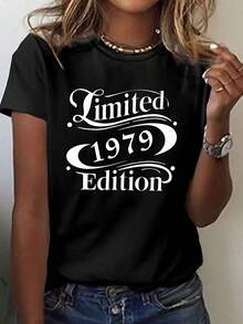 Camiseta casual de manga corta y cuello redondo de 1979, perfecta para primavera y verano, diseñada para mujer - Negro - Ver 1