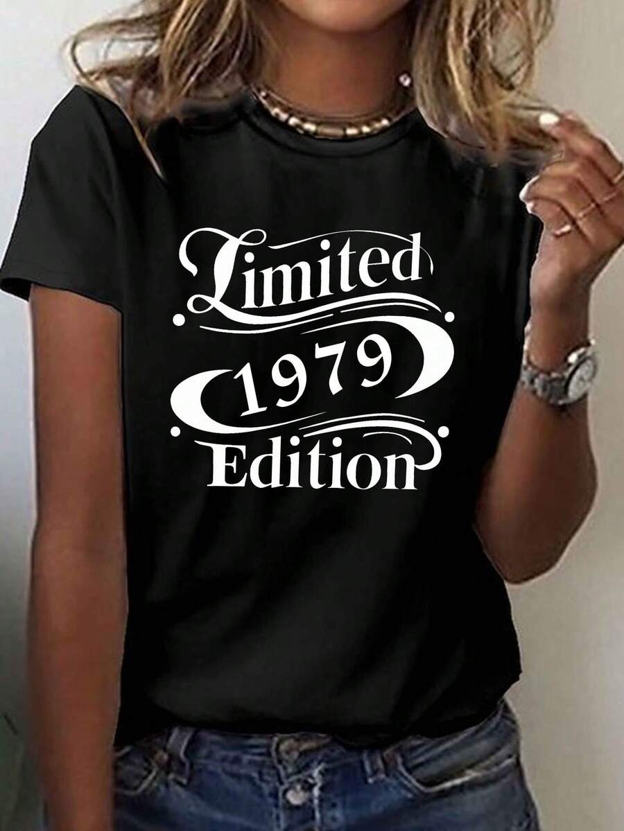 Camiseta casual de manga corta y cuello redondo de 1979, perfecta para primavera y verano, diseñada para mujer - Negro - Ver 1