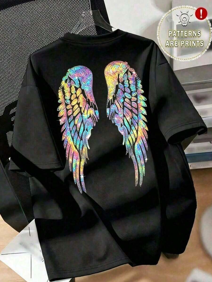 Camiseta Blanca de Moda para Mujer, Talla Grande, con Diseño de Alas de Ángel Brillantes, Blusa Casual de Manga Corta y Cuello Redondo, Adecuada para Primavera/Verano, Ropa de Mujer - Negro - Ver 1