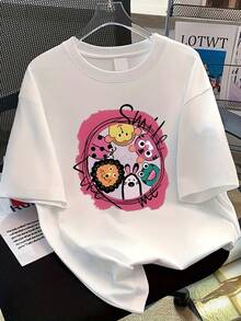 Camiseta de Algodón Puro para Mujer con Diseño Simple y Versátil, Estampado de Dibujos Animados Americanos, Nueva Moda de Verano, Diseño Holgado y Versátil, Manga Corta. - Blanco - Ver 6