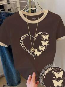 Camiseta casual de manga corta con cuello redondo, estampado de eslogan y corazón en bloques de color para mujer - Rojo - Ver 6