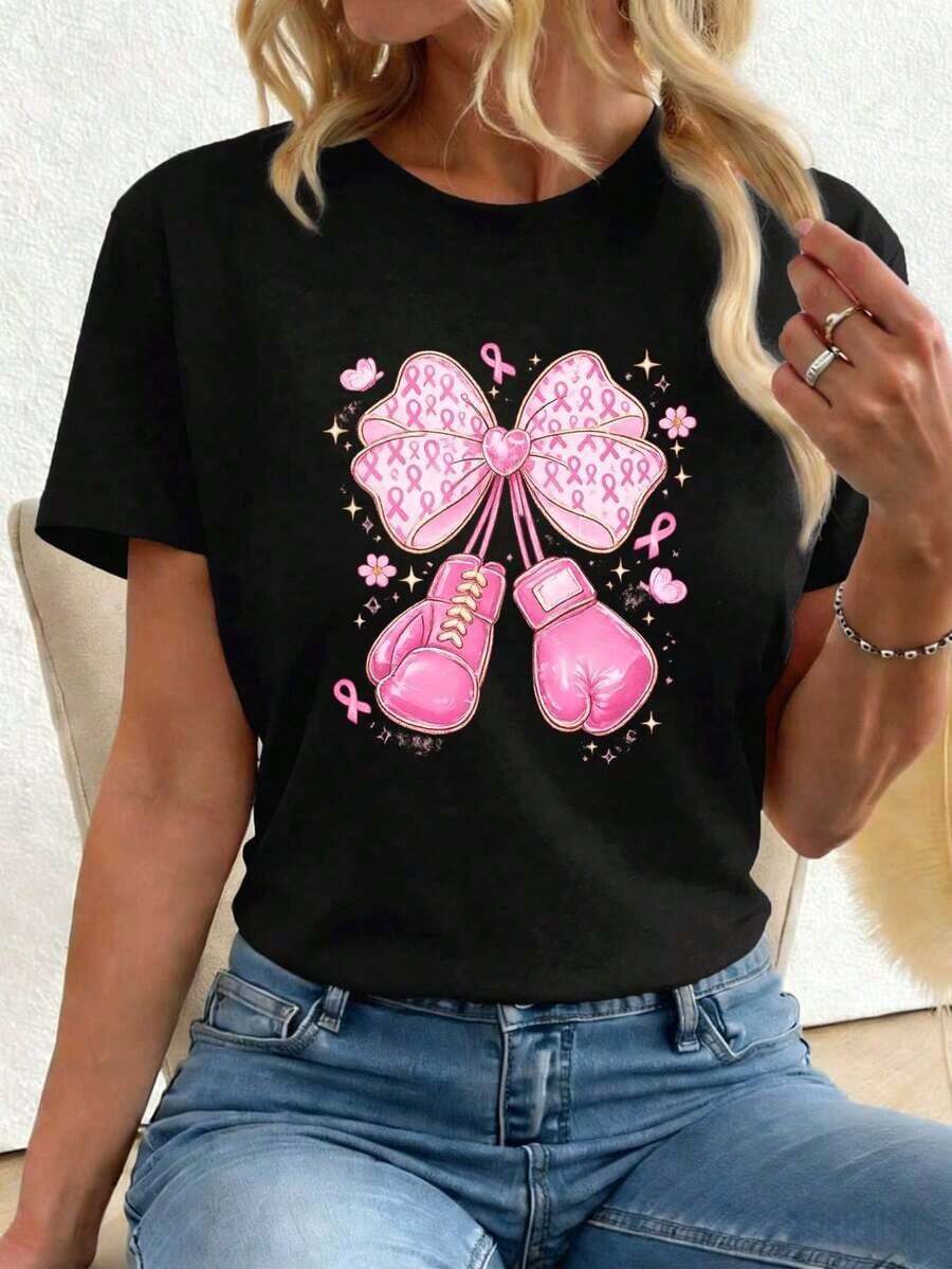 permeability2026Camiseta con lazo rosa y guantes de boxeo, 100% algodón, corte relajado, estilo hip-hop urbano, cómoda, estampado gráfico único, nuevo lanzamiento.coolspacious - Negro - Ver 1