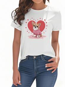 Camiseta de mujer con estampado de un adorable chihuahua, ropa de mujer de manga corta y cuello redondo, estilo casual moderno y versátil, adecuada para uso diario, fiestas, citas y como regalo de cumpleaños. - Blanco - Ver 1