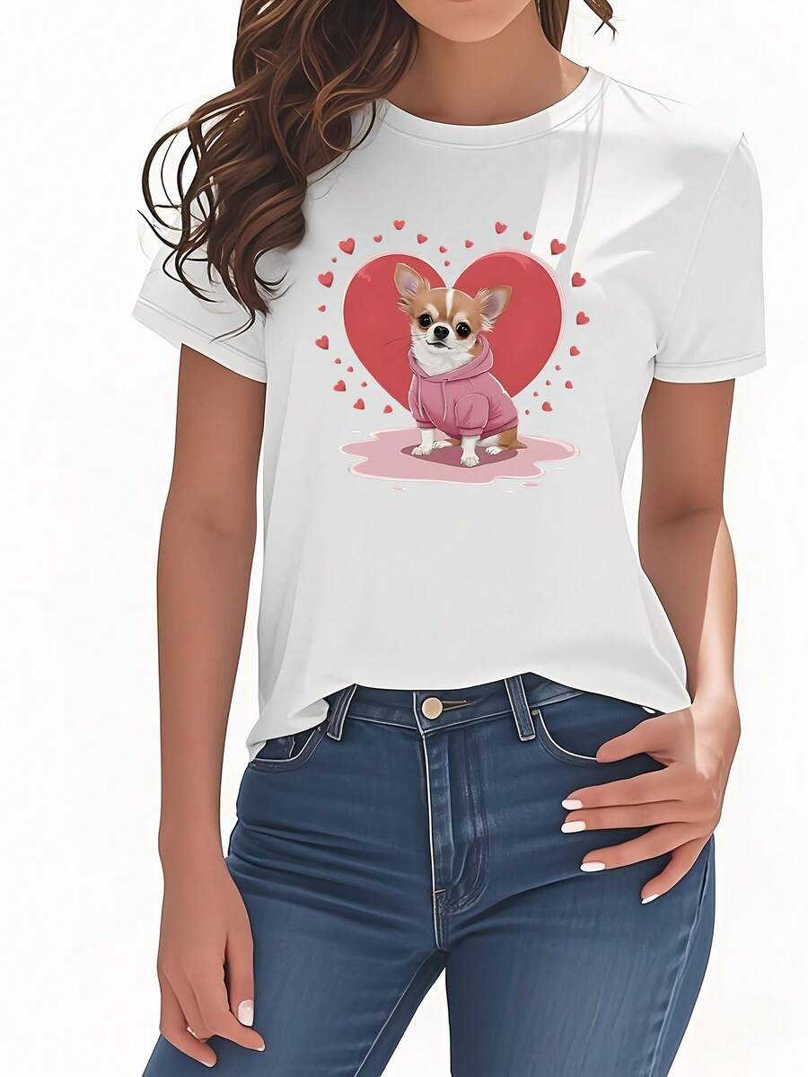Camiseta de mujer con estampado de un adorable chihuahua, ropa de mujer de manga corta y cuello redondo, estilo casual moderno y versátil, adecuada para uso diario, fiestas, citas y como regalo de cumpleaños. - Blanco - Ver 1
