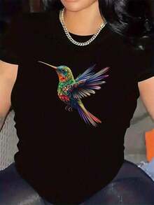 Camiseta negra para mujer con diseño de colibrí vibrante - Pájaros de colores, poliéster ligero, ajuste cómodo para uso casual, perfecto para el hogar o el uso diario, camiseta de uso casual  Camiseta con estampado vibrante  Tejido de estiramiento medio - Negro - Ver 7