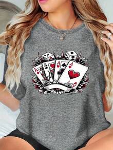 Camiseta de manga corta con estampado de naipes para mujer - Estilo deportivo casual, suave y transpirable, 95% poliéster 5% spandex 180g, personalidad fresca y única, moderna y llamativa, prenda de moda versátil. - Gris - Ver 1