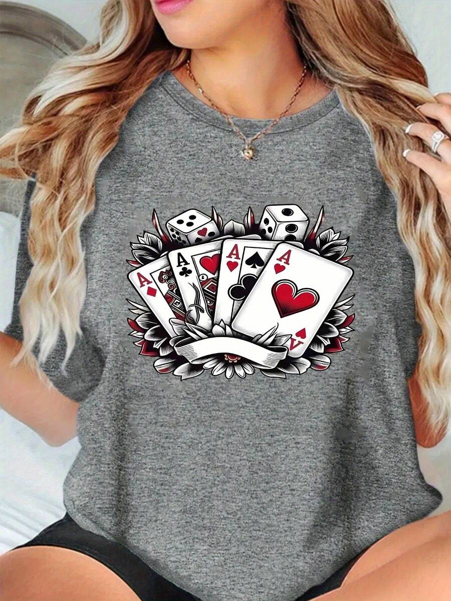 Camiseta de manga corta con estampado de naipes para mujer - Estilo deportivo casual, suave y transpirable, 95% poliéster 5% spandex 180g, personalidad fresca y única, moderna y llamativa, prenda de moda versátil. - Gris - Ver 1