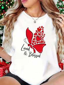 Camiseta De Talla Grande, Camiseta Plus Size, Camiseta De San Valentín, Camiseta "Amada Y Bendecida" Con Estampado De Mariposa Roja, Camiseta Blanca De Cuello Redondo Y Manga Corta Estampada - Lavable A Máquina, Ideal Para Fiestas De Vacaciones, Salidas Informales, Reuniones Con Amigos, AtuendoWomen's Casual Short Sleeve T-Shirt Solid Color Basic Tee Top blusas para mujer camisa - Blanco - Ver 7