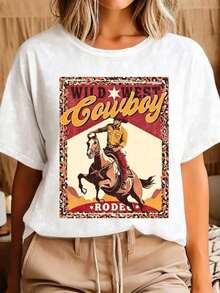 ropa de mujer, Estampado Occidental, Diseño de Borde de Leopardo "Wild West Cowboy Rodeo", Estilo Vintage, Camiseta Casual de Manga Corta 100% Algodón para Mujer con Curvas, Camisetas Gráficas para Mujer, Tops, Conjuntos de Verano, camisas de mujer - Blanco - Ver 1